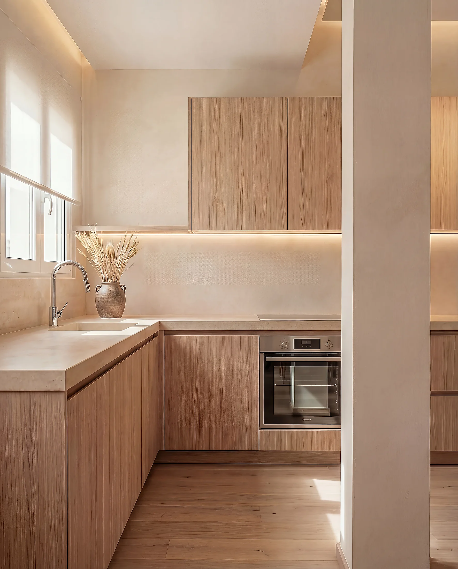 Modern kitchen renovation in Málaga. Light oak cabinets and custom storage by Puntoreforma